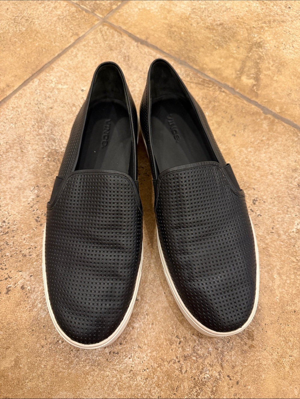Vince Black Perforated Slip-On Flats with White Sole